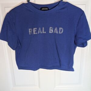 No Boundaries Blue Crop Top with Rhinestone Text